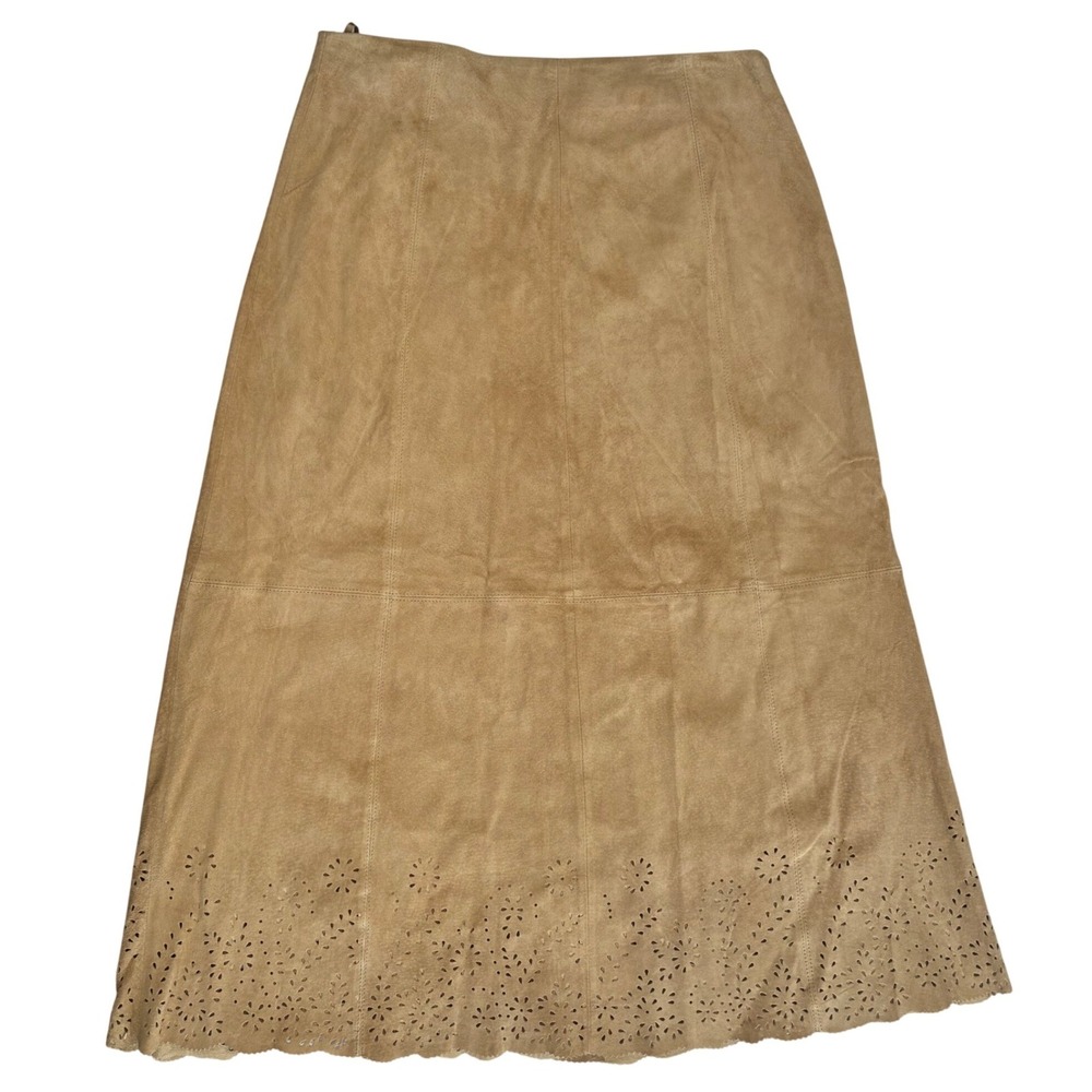 Coldwater Creek Suede Midi‎ Skirt Tan Laser Cut Romantic Western Women 12P